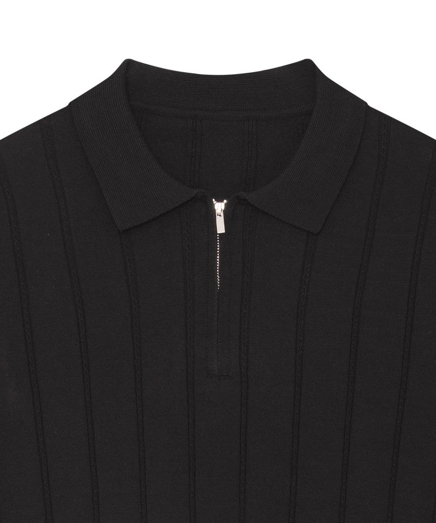 IRONYPORNO WHITELINE 86-Iro356 Micro Cable Half-Zip Collared Short Sleeve Knit Black