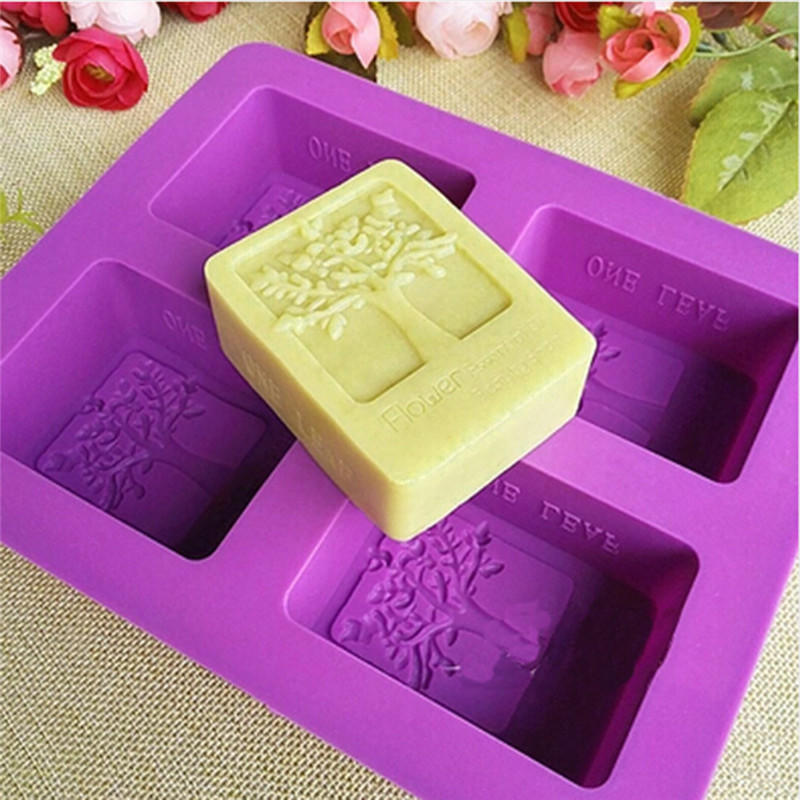 Party Dessert Silicone Mold Multi-purpose Tree Shape 4 Hole Square Soap Mold Crafts Chocolate Cake Molding Handmade Tools