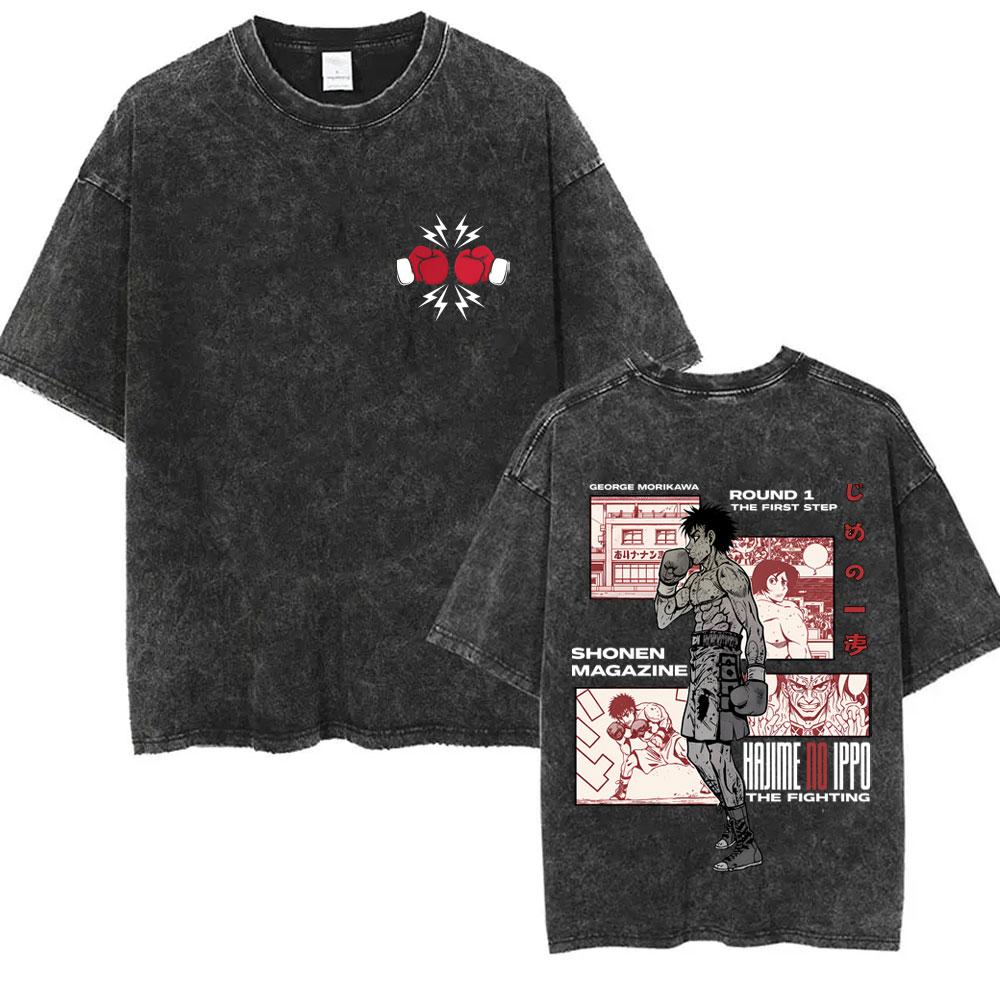 Anime Hajime No Ippo Makunouchi Vintage Washed Tshirt Takamura KGB T Shirts Kamogawa Boxing Gym Tshirt Men Manga Retro Tshirts