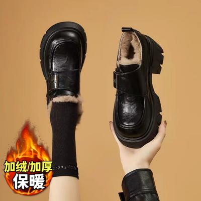 Height-increasing British Winter Velvet Black Commuter Leather Shoes Platform-soled Warm Cotton Shoes