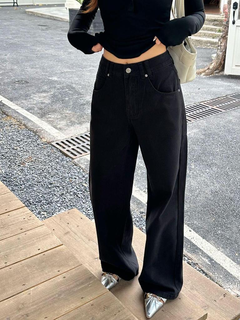 Lu Sheng Unisex Retro Washed Black Bootcut Jeans - Loose Fit, Wide Leg, Casual Pants