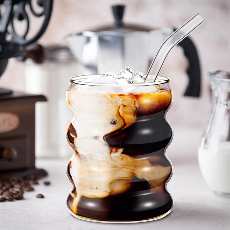 4 Stück/Set Glasbecher Kaffeetasse Kreative Klare Trinkgläser Geriffelte Glaswarenbecher Mit Strohhalmen Set Cocktail Fruchtglas
