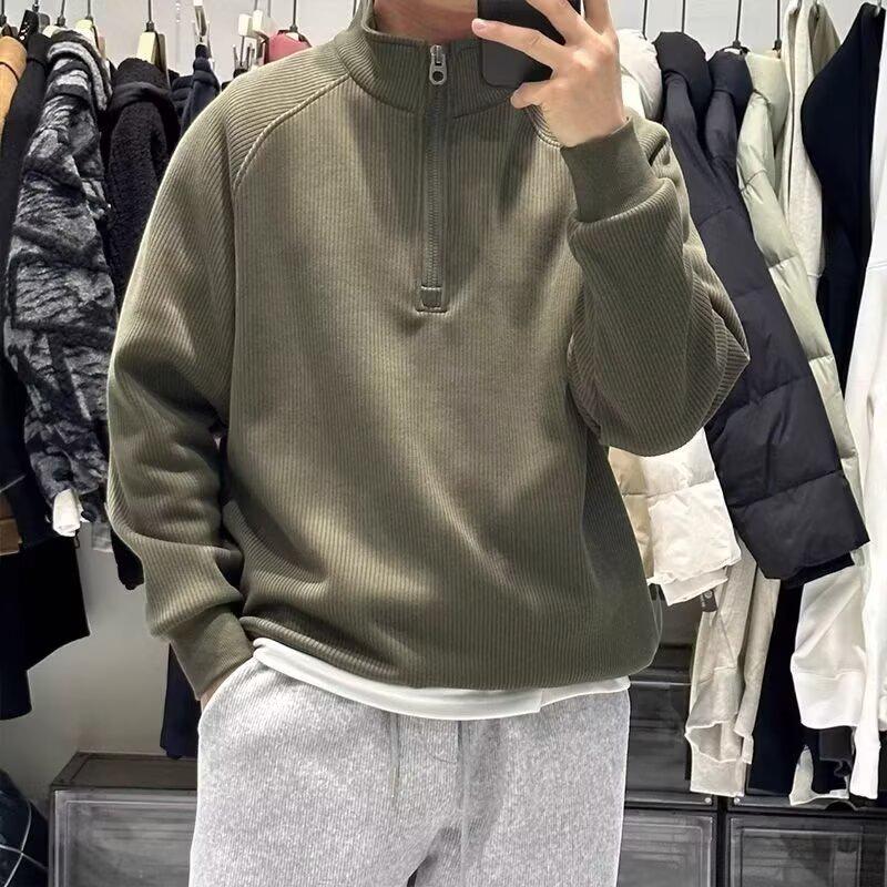 Men s Ribbed Half-Zip Stand Collar Knit Hoodie - Heavyweight Autumn/Winter Pullover Jacket Double Extra Large зелёный