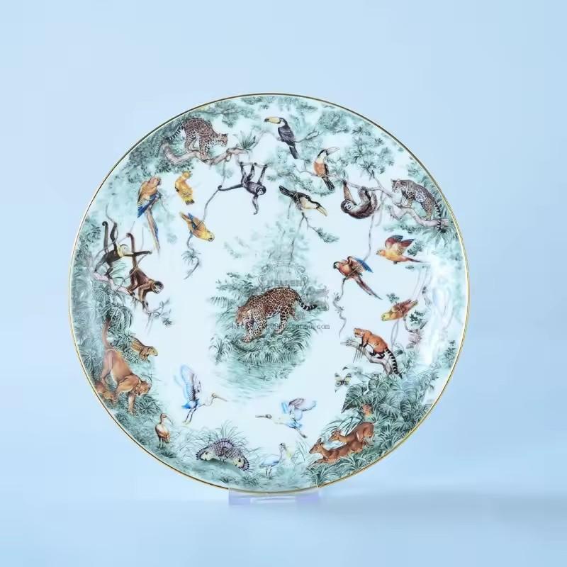 Nádobí Zvířata deštného pralesa, Jídelní talíře z kostního porcelánu, Plochý dezertní podnos, Talíř na dort, Šálek s podšálkem, Domácí kuchyňské potřeby