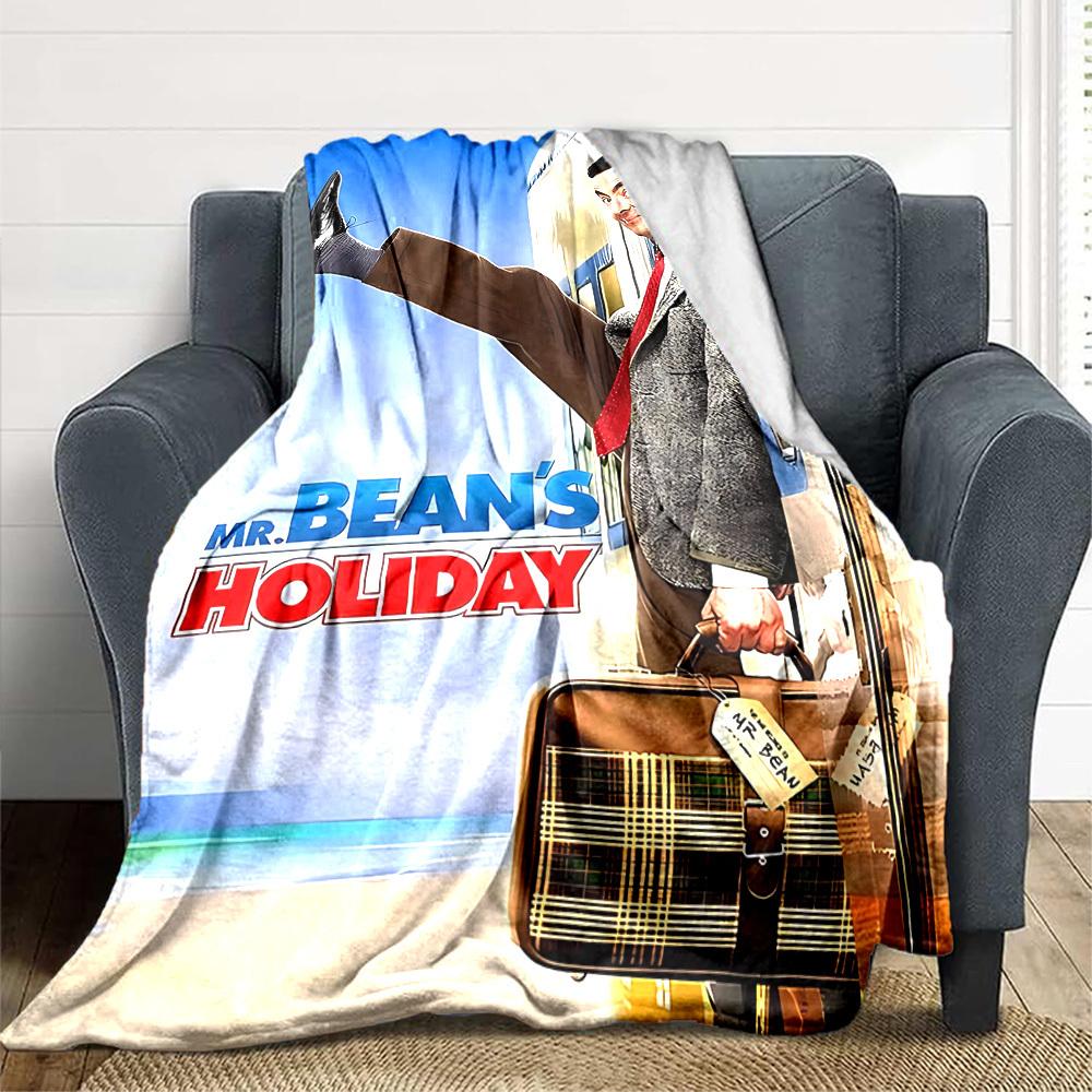 1pc Holiday Travel Bean Mr. Flannel Throw Blanket HD Printed Lightweight Soft Warm All Season Blanket for Sofa, Bed, Travel, Camping Machine Washable