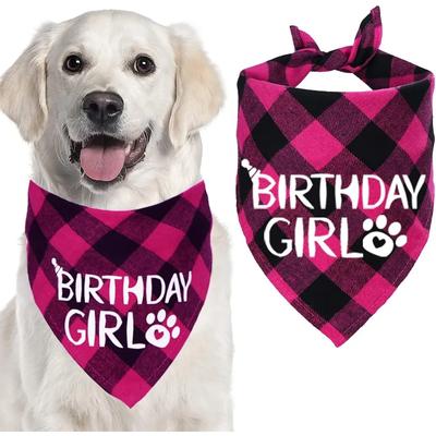 Dog Birthday Bandana, Dog Birthday Girl Plaid Bandana Triangle Scarf for Medium Large Dog Birthday Supplies