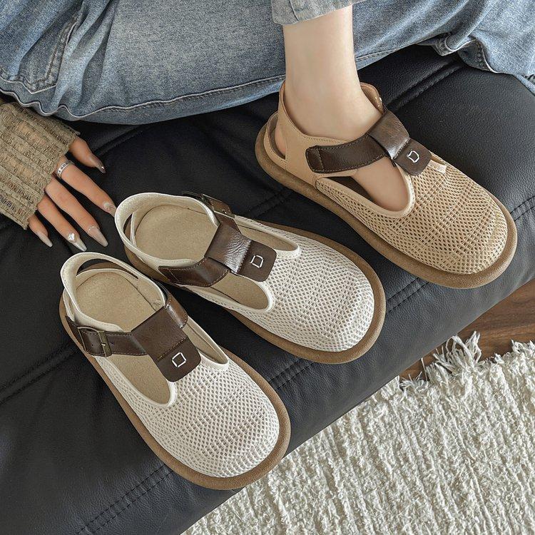 Mori linen baotou sandals women's 2025 summer new soft-soled mesh breathable hole shoes wear Roman sandals