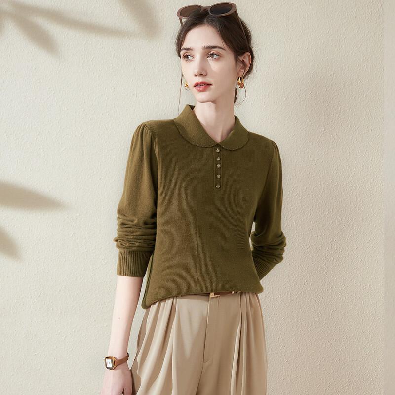 TUHUANG Women's Pure Wool Puff Sleeve Turn-Down Collar Knit Sweater