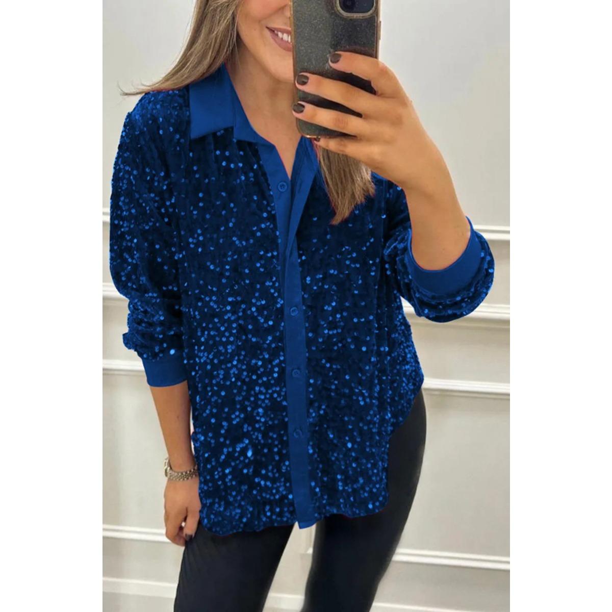 

Зима 2025 Новая Женская Однотонная Блузка Топ с Лацканами, Длинным Рукавом и Пуговицами с Пайетками для Европы и Америки XXXL темно-синий