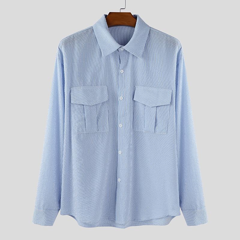 

INCERUN Oversized Men Turn-down Collar Long Sleeve Striped Casual Print Tops 5XL синий