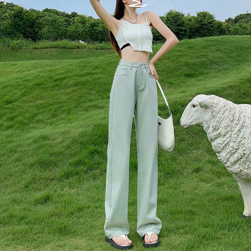 Women's Pink High-Waisted Wide-Leg Jeans: Summer Thin, Loose Fit, Plus Size, Slimming, Floor-Length Straight Pants