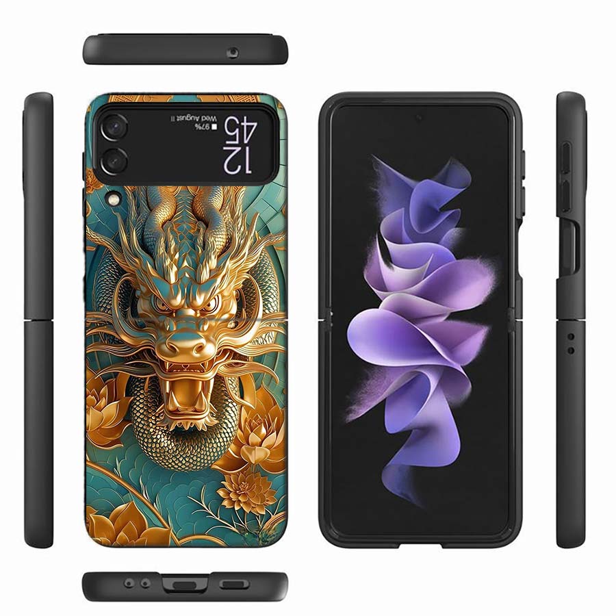 Golden Holy Dragon Phone Case For Samsung Z Flip 6 7 5G Z Flip 5 Galaxy Z Flip 3 4 5G ZFlip Shockproof Hard Cover TPU PC Coque C