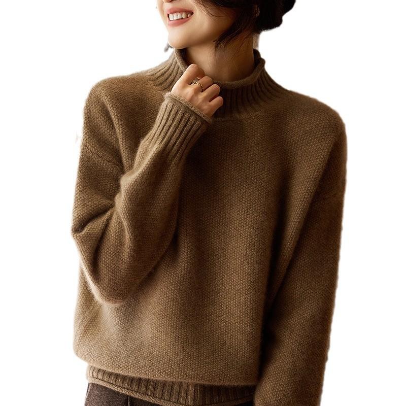 Spring Loose Semi-Turtleneck Wool Solid-Color Knitted Sweater With Curled Edges And Thin Bottoms