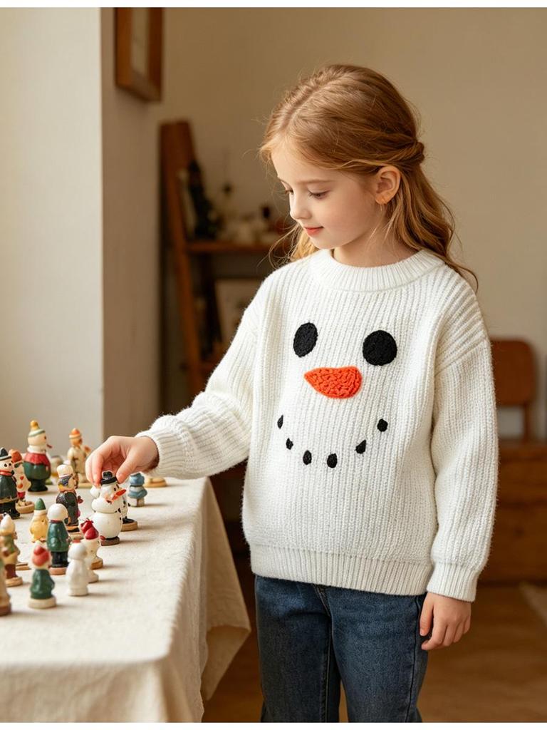 Hand-Embroidered Snowman Knit Sweater - Christmas Cotton, Long Sleeve for Baby Boy/Girl