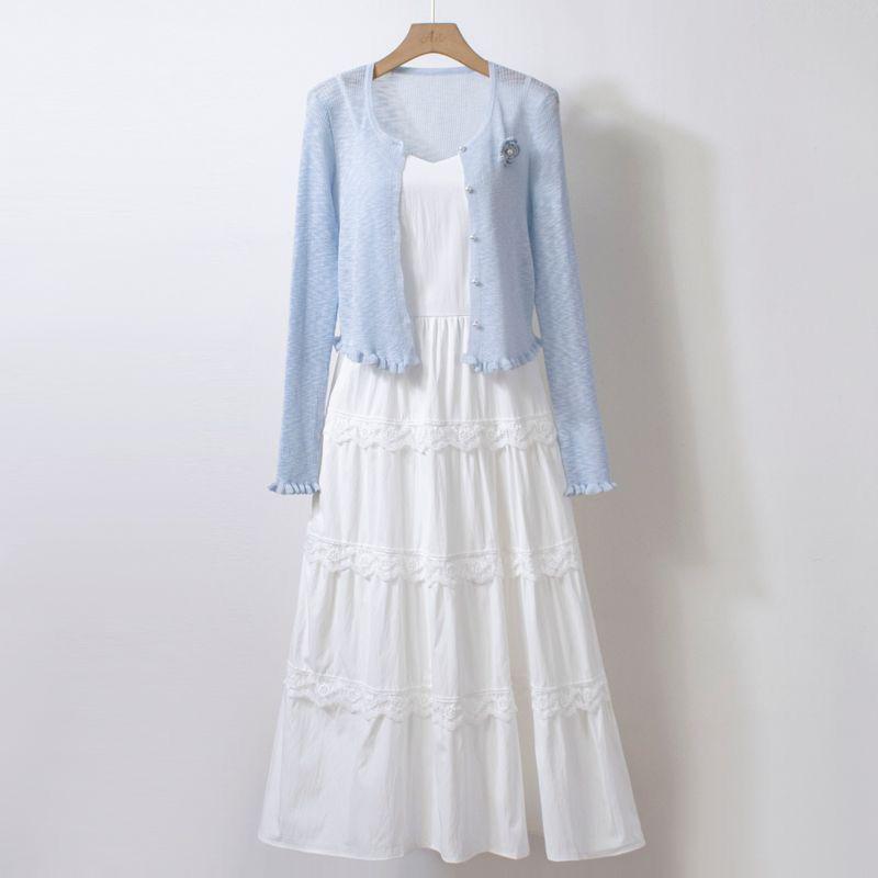 Sweet 2026 White Camisole Dress & Cardigan Set - New Fashion Two-Piece Skirt