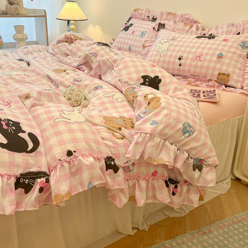 Sweet Flower Printed Bed Skirt Bedding Set Skin Friendly Cotton Nude Sleeping Comforter Set Class-A Twin Single Home Textile