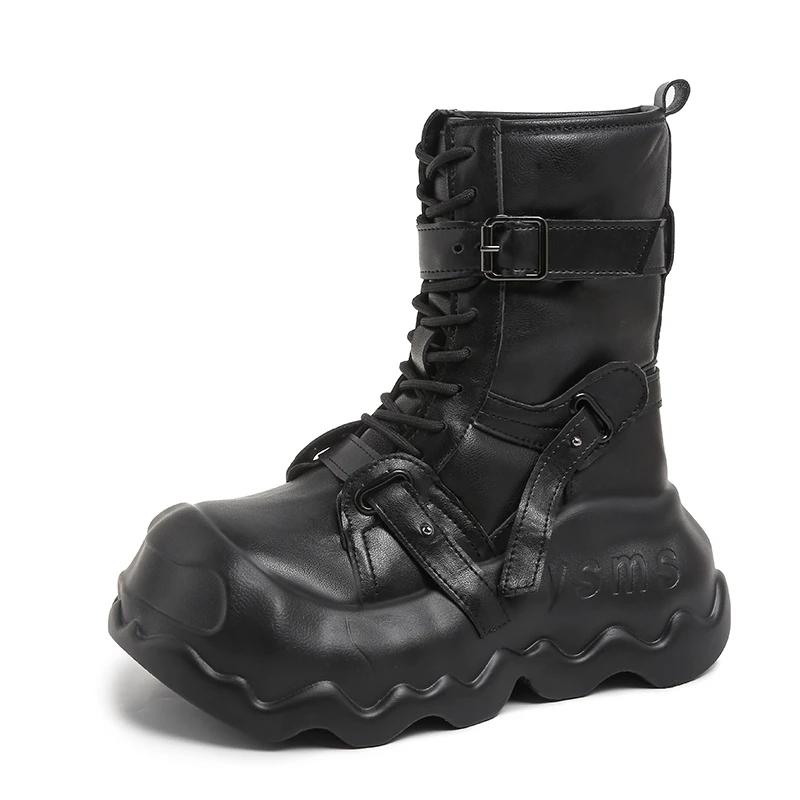 Fashion 8CM Fashion Women's Leather Punk Style Ankle Boots Autumn Winter Heels Chunky Sneakers High Platform Zip Motorcycle Boots Woman