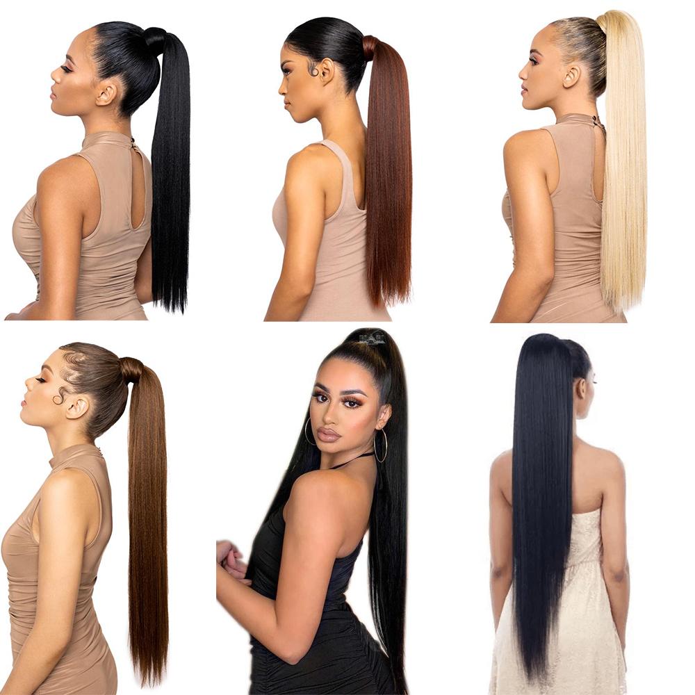 MISS WIG Women Synthetic Long Straight Ponytail Extensions Heat Resistant Hair 22 and 34 Inch Wrap Around Pony Hairpiece for Women