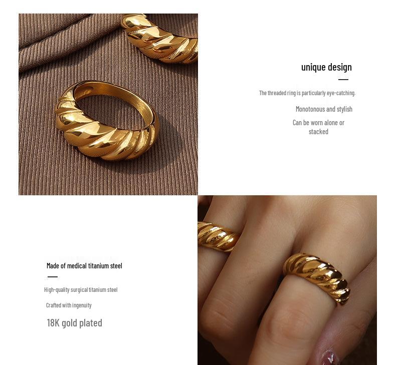 Geometric European-American Retro Ribbed Wave 18K Gold Titanium Steel Pinky Ring, A157