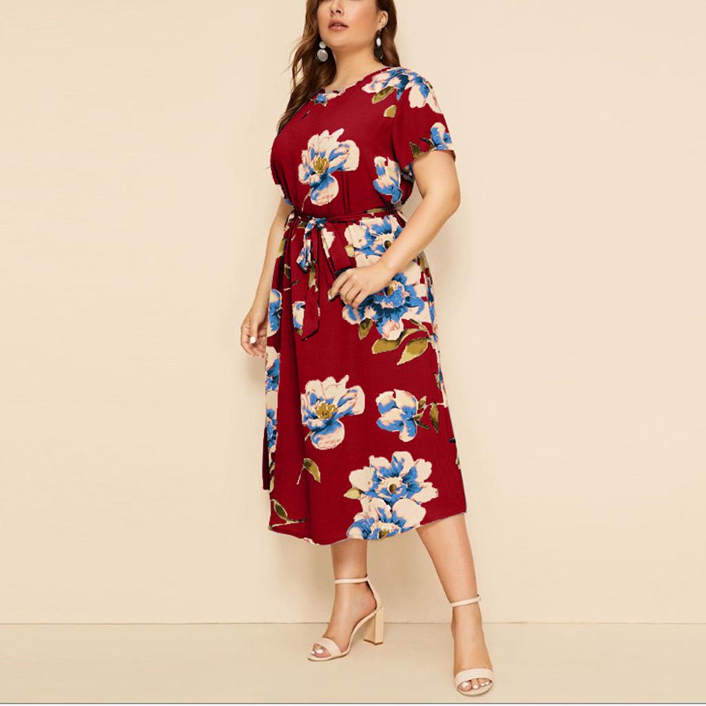 Women's Plus Size Printed Midi Dress - Round Neck, Short Sleeve, Waist-Cinched, European American Style