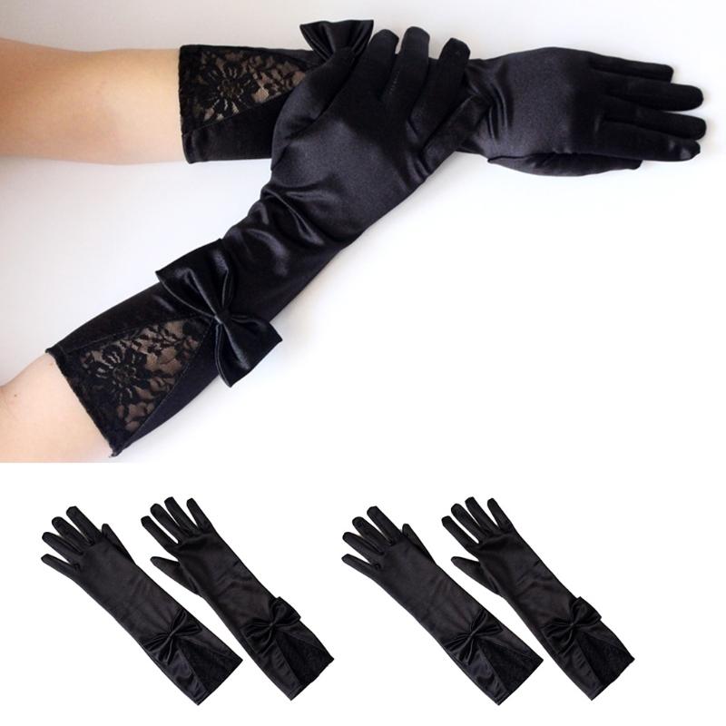 Damen Mädchen Lange Satin Schwarze Handschuhe Elegant Schleife Einfarbig Spitze Besatz Vollfinger Fäustlinge für Hochzeit Oper Party