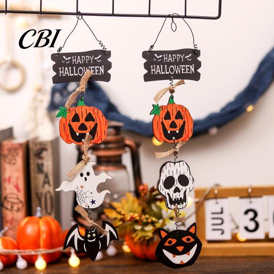 Retro Distressed Holiday Plaque Happy Halloween Wooden Sign, Spooky Pumpkin Ghost Cat Bat Door Hanger, Wall Decor Rustic Farmhouse Hanging Sign