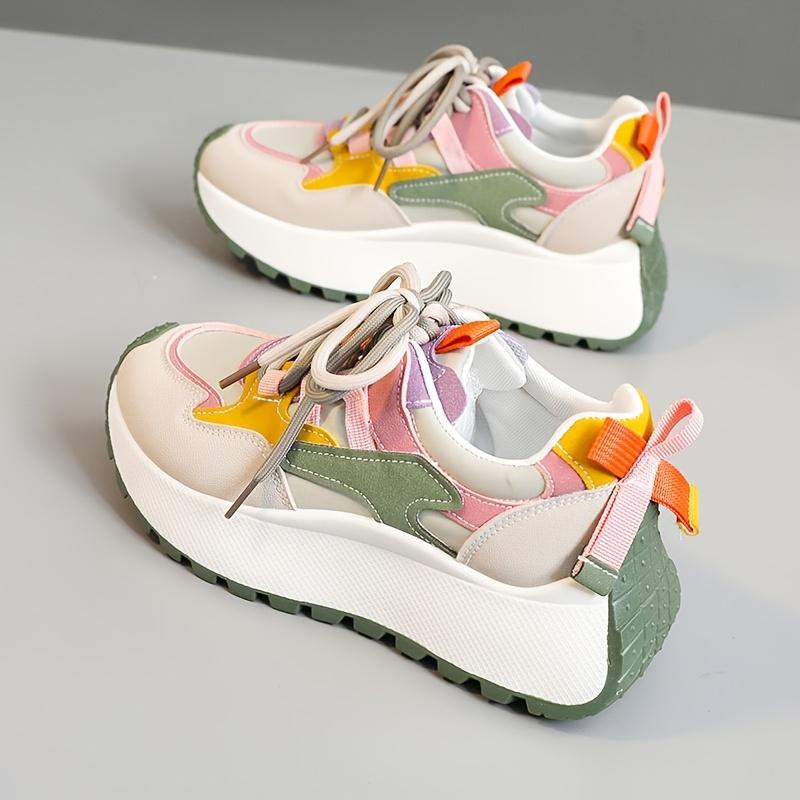 Women's Fashion Sneakers | Colorful Striped Low-Top Lace-Up Casual Shoes with Thick PVC Sole, Synthetic Upper & Comfortable Fabric Lining