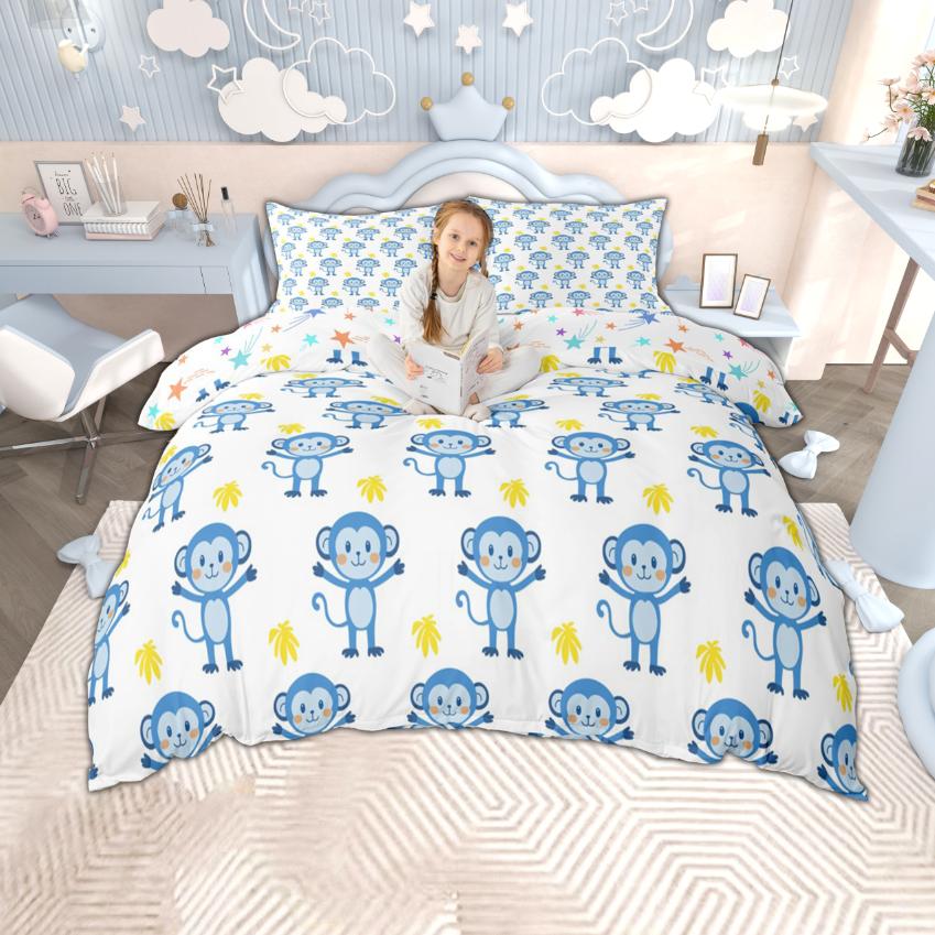 Homewish Cartoon Monkey Duvet Cover Set For Kids Woodland Wildlife Quilt Cover Set Cute Animal Bedding Set