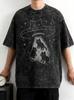 Cat UFO Print Tee Cute Cartoon Neutral Tee Round Neck Cartoon Tshirt Punk Washed Black Couple Tshirt
