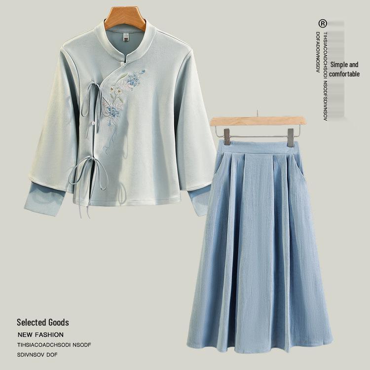 Chinese Retro Wisteria Embroidered Tang Suit Hanfu Cheongsam Top Tea Set