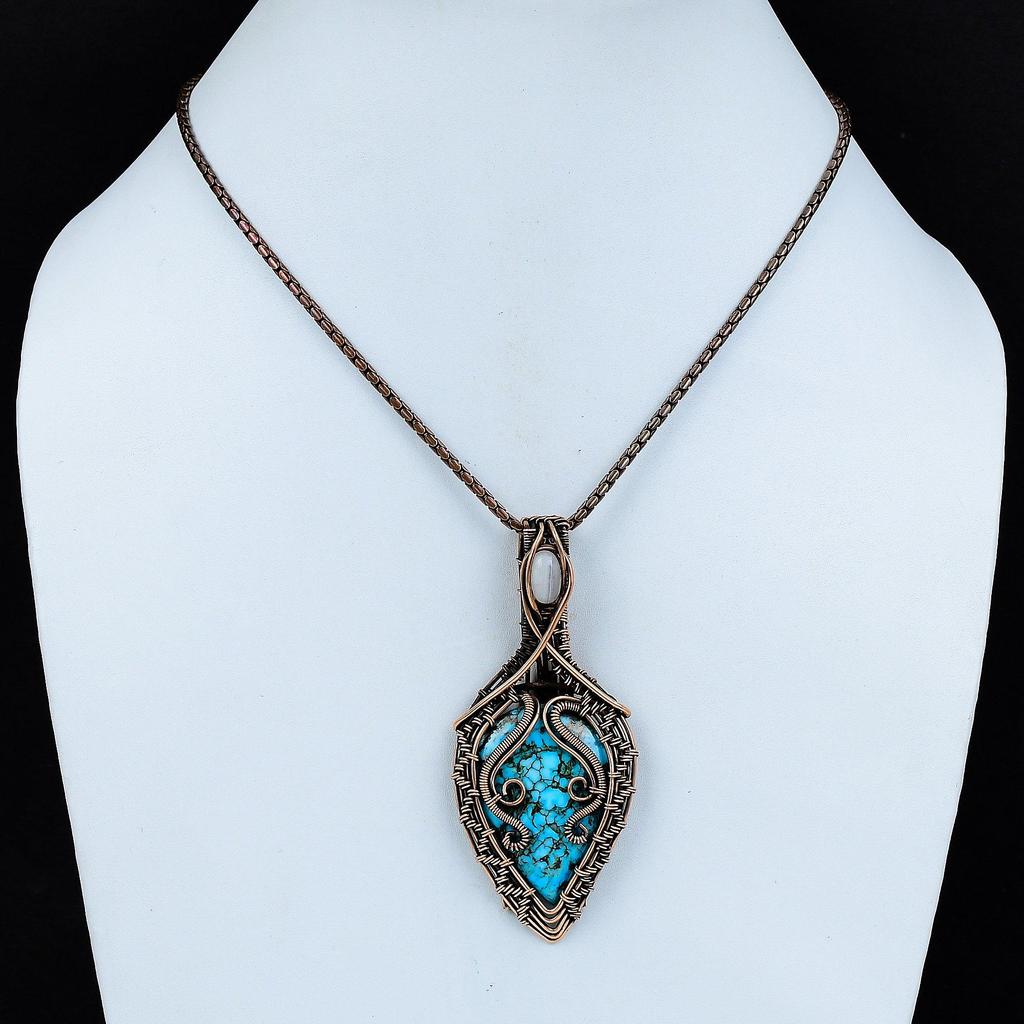 Blue Turquoise, Moonstone Gemstone Pure Copper Wire Wrapped Designer Handmade Pendant Jewelry Gift For Her