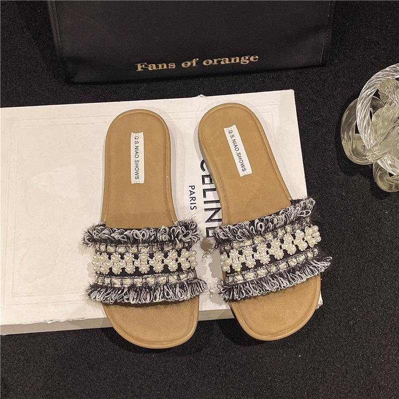 

Шлепанцы женские летние для улицы модные 2025 новый летний стиль на плоской подошве сандалии для выхода в свет 35 чёрный