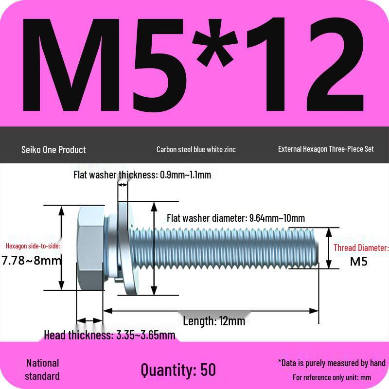 Grade 8.8 Galvanized Hex Bolt Set: Includes Hex Bolt, Spring Washer, Flat Washer (Sizes: M4, M5, M6, M8, M10, M12)