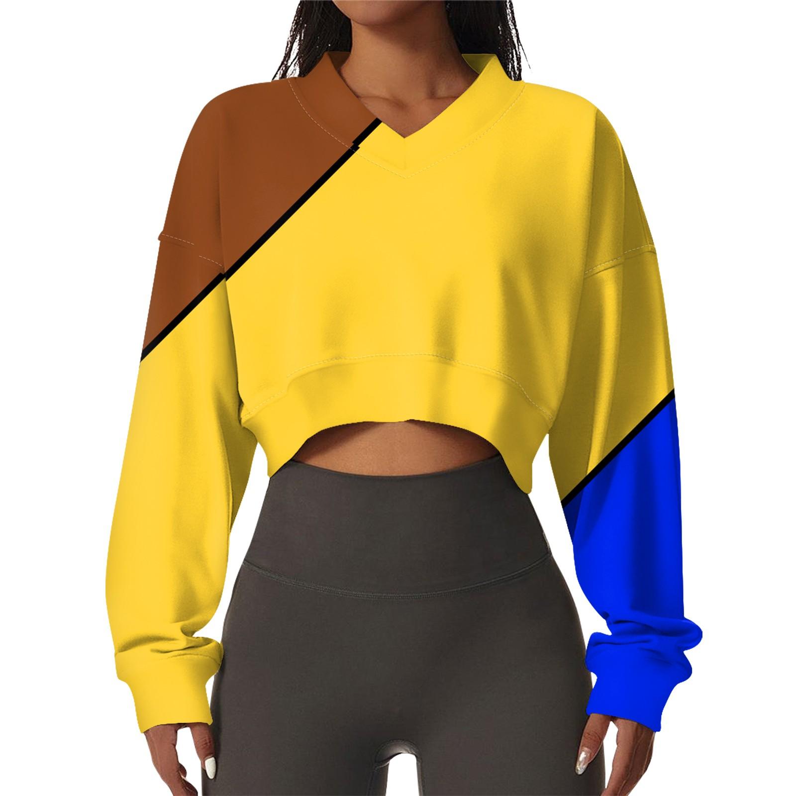 

Женская повседневная модная сексуальная удобная спортивная толстовка с V-образным вырезом и длинным рукавом с геометрическим принтом XL жёлтый
