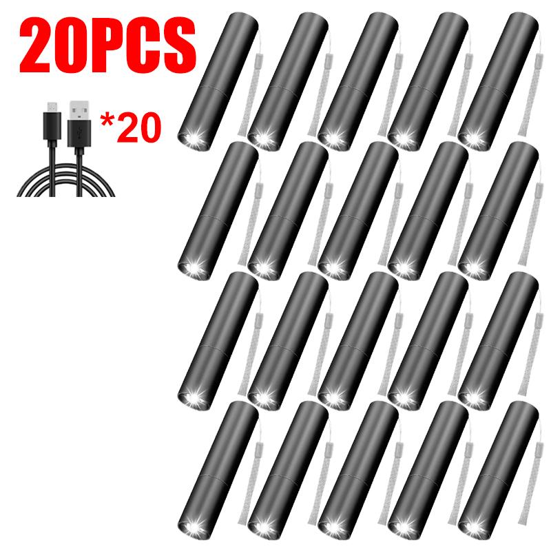 1-20PCS Mini Portable LED Flashlight Built In Battery USB Rechargeable Waterproof Torch Outdoor Camping Night Emergency Light