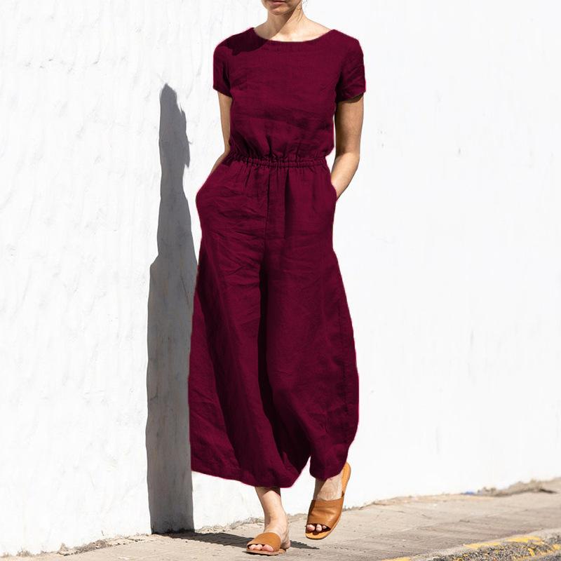 Cotton and Linen Jumpsuit Women Solid Color Sleeveless Pocket High Waist Wide Legs Jumpsuits Casual Commuting Ladies Bodysuits