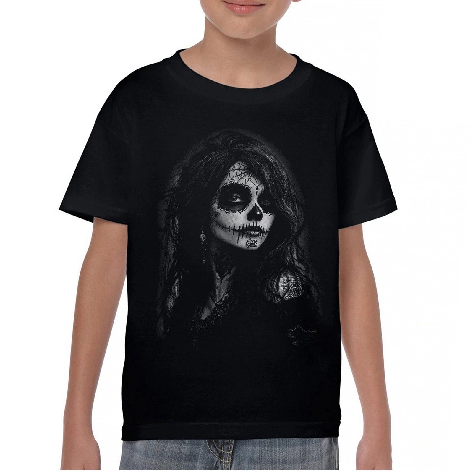 Web Sugar Skull Youth kids boys T-Shirt Monochrome Gothic Beauty Dia de Los Muertos Kids 100