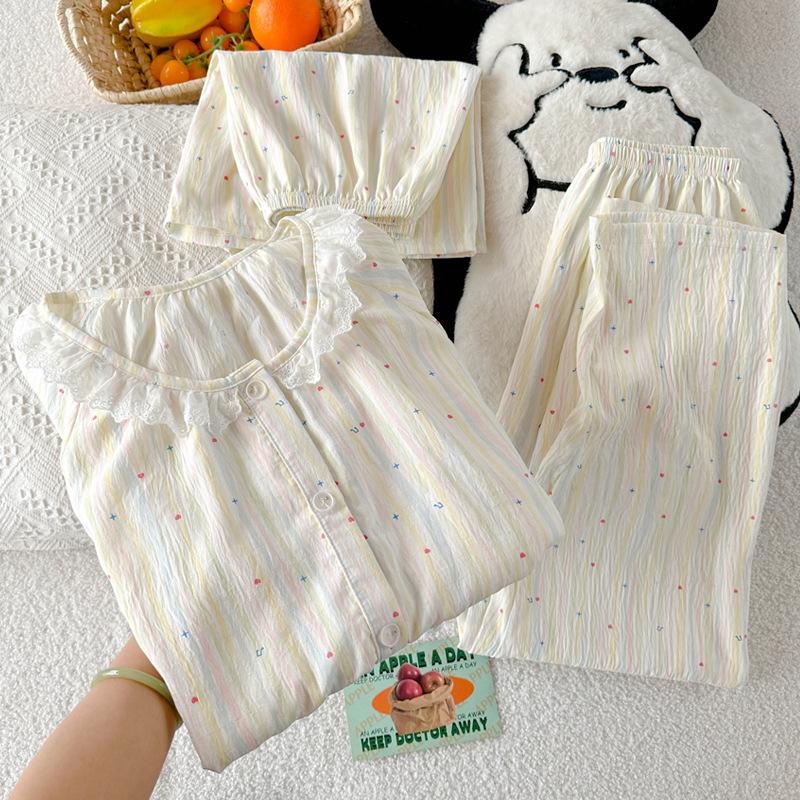 

Тонкая пижама из облачного хлопка, женская летняя, с круглым вырезом, кардиган с коротким рукавом, домашняя одежда, комплект из трех предметов M