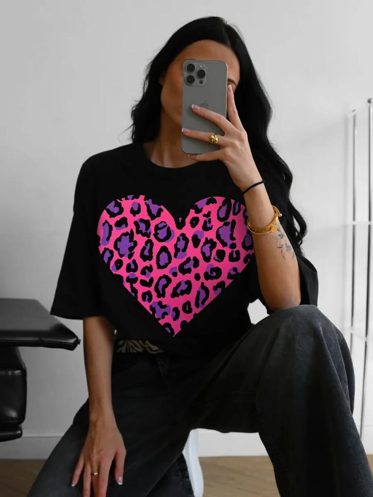Pink Leopard Print Heart Design Women T-Shirts Soft Cotton T Shirt Y2K Comfortable Short Sleeve All-Match Hip Hop Female Clothes