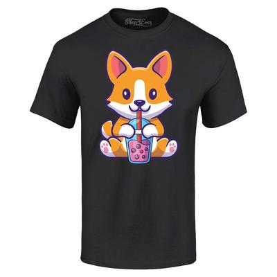 Niedlicher Corgi trinkt Boba-Tee Kawaii T-Shirt Haustier-Shirts