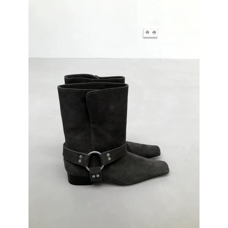 

Версия из овчины~ Ретро нишевые квадратный носок пряжка ремня складки два способа носки полусапоги женские толстый каблук ковбойские сапоги короткие сапоги 35