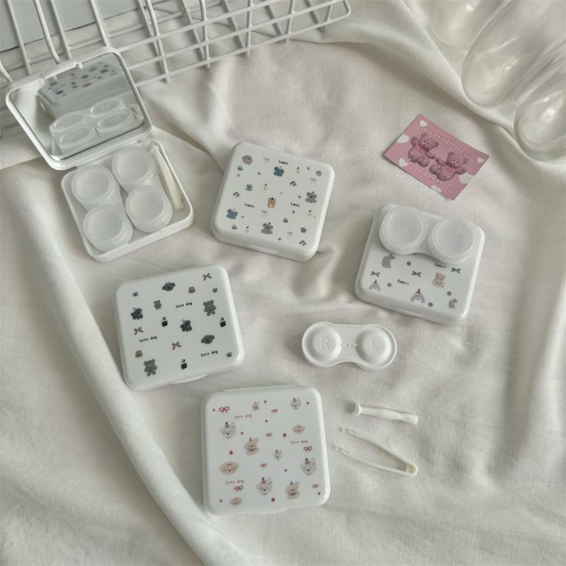 Cute Portable Cartoon Dog Rabbit Eye Contacts With Mirror Contact Lens Case Colored Lenses Container Box For Party Travel Set