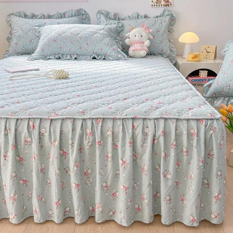 1pc Quilted Bed Skirt Four Corners With Elastic Flower Printed Thickened Mattress Bed Skirt Single/Queen/King Bed Sheet Skirt