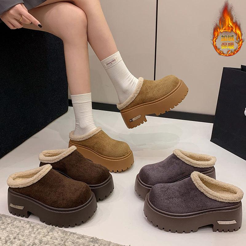 Leather thick-soled heightened piled bag head half slippers women's shoes autumn and winter new snow boots fluffy cotton slippers
