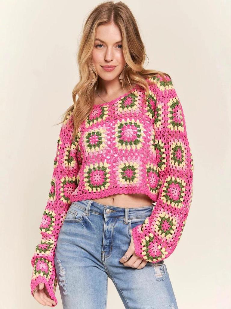 Handmade Crochet Rainbow Block Pullover: Forest Style Round Neck Long Sleeve Sweater
