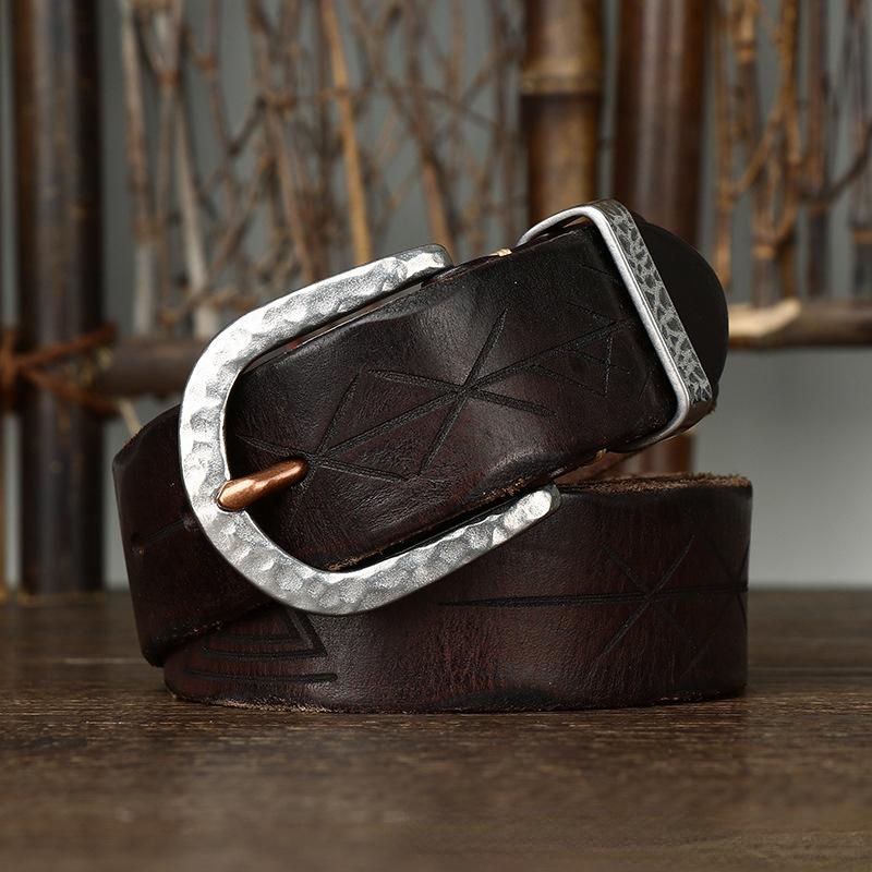 Belt Men's Retro Distressed Carved Top Layer Cowhide Leather Hammered Steel Buckle Korean Style Trendy Jeans Belt