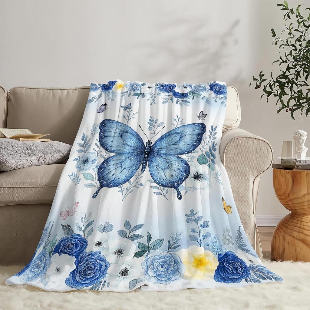 Butterfly Blanket Blue Butterflies Fleece Throw Blanket Soft Cozy Fuzzy Plush Warm Stuff Beautiful Butterfly Bedding Blankets