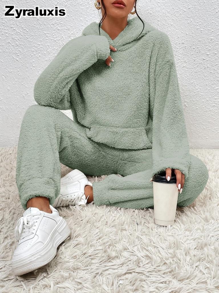 New Arrival Autumn Winter Solid Color Women's Hoodie Long Sleeve Fleece Padded Casual Pants Home Two Piece Set