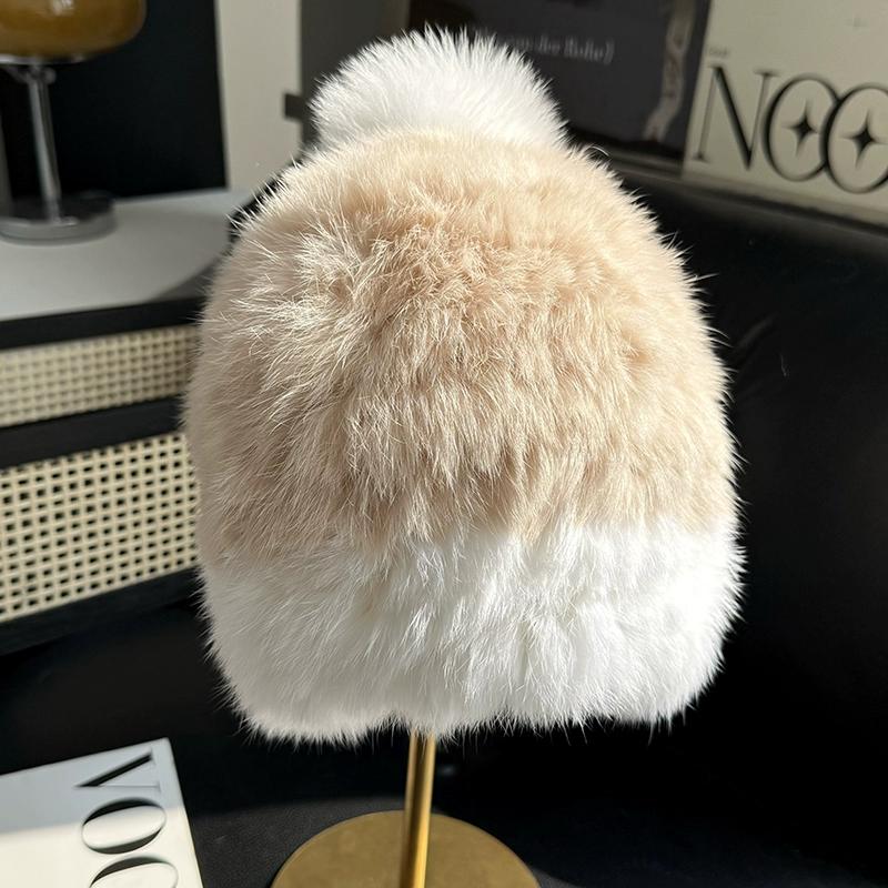 Rabbit Fur Hat Thickened Fluffy Hat Cold-proof and Warm Ear Protection Hat Plush Knitted Hat Headgear Bucket Hat Female