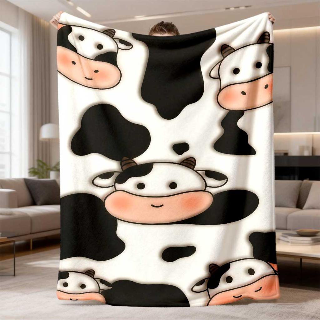 2026 Latest Flannel Blanket 1pc Cozy Cow Print Flannel Blanket - Soft, Light Beige-Friendly, Perfect for Home Use & Holiday Gifts, Ideal for Any Occas